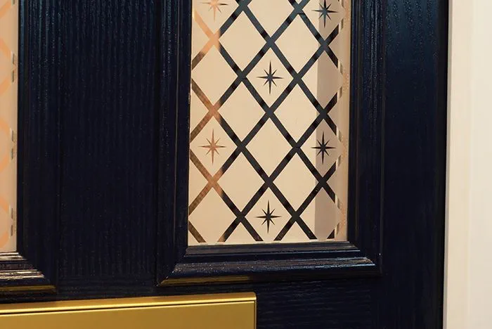 negative etched glass example on door glass panel